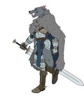 2024 absurd_res anthro armor armor_plates armored_gloves bartek22 blaidd_(elden_ring) blue_eyes boots brooch cape clothing couter cuisse digital_media_(artwork) ears_down elden_ring fangs footwear fromsoftware fur fur_clothing fur_coat gauntlets gloves grey_body grey_fur handwear hi_res holding_melee_weapon holding_object holding_sword holding_weapon inner_ear_fluff leather leather_boots leather_clothing leather_footwear looking_aside male medieval_armor melee_weapon open_mouth pivoted_ears plackart plate_armor poleyn scar shoes simple_background solo sword tassets teeth teeth_showing tongue tuft vambrace weapon whiskers white_background