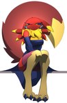 absurd_res ando bandai_namco black_sclera canid chest_tuft clothing cyvian digimon digimon_(species) dress embarrassed female fur hi_res legwear mammal multicolored_body red_body red_fur renamon ryva_hellfyre solo stockings tuft yellow_body yellow_fur