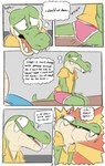 absurd_res alligator alligatorid anthro blush briefs clothed clothing comic crocodile crocodilian dialogue duo english_text genitals green_body hi_res male nude penis reptile scalie simple_background smile sodacaps solo speech_bubble tail teeth text underwear