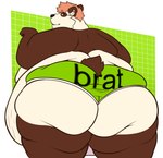 2024 anthro bear belly belly_overhang big_belly big_butt black_body black_fur bottomwear brat_(charli_xcx) brown_body brown_fur brown_tail butt charli_xcx claws clothing digital_media_(artwork) ear_piercing fat_rolls fur giant_panda green_eyes hair hi_res huge_belly huge_butt industrial_piercing looking_at_viewer looking_back looking_back_at_viewer male mammal multicolored_body multicolored_fur narrowed_eyes neutral_expression obese obese_male overweight overweight_male piercing portrait red_hair reppu short_hair solo stretch_marks tail text text_on_bottomwear text_on_clothing text_on_underwear three-quarter_portrait three-quarter_view toony two_tone_body two_tone_fur underwear white_sclera