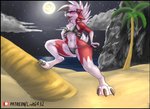 2020 anthro anthrofied athletic athletic_anthro athletic_female beach bikini breasts chest_tuft cleavage clothed clothing cloud digital_media_(artwork) female fur generation_7_pokemon hand_on_breast light link6432 lycanroc midnight_lycanroc midriff moon moonlight multicolored_body multicolored_fur navel night nintendo open_mouth palm_tree plant pokemon pokemon_(species) red_body red_fur seaside short_tail solo swimwear tail teeth tree tuft two-piece_swimsuit two_tone_body two_tone_fur white_body white_fur