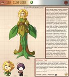 anthro blonde_hair clothing english_text female generation_2_pokemon hair hi_res human humanoid kinkymation leaf leaf_hair male mammal nintendo plant plant_hair pokemon pokemon_(species) pseudo_hair purple_eyes sunflora text