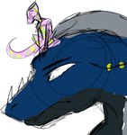 2013 anthro azure_ebonwing black_body black_countershading blue_body chameleon countershading dragon duo european_mythology extreme_size_difference klippy lizard low_res male_(lore) multicolored_body multicolored_skin mythological_creature mythological_scalie mythology no_pupils nonbinary_(lore) reptile scalie sitting_on_head size_difference sovrim_terraquian two_tone_body western_dragon