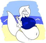 2021 alien anthro aria_sloshette_(zdog909) beach belly big_belly big_breasts breasts clothing erauue eyes_closed female free_hugs hair huge_breasts lizard navel overweight reptile sand scalie sea shirt signature slightly_chubby slime_(blob) snake solo thick_thighs topwear underwear water wear wide_hips