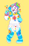 4_fingers ambiguous_gender anthro blue_body bright_colors clean_diaper clothed clothing diaper fingers hi_res hoodie kippinz lagomorph leporid mammal nonbinary_(lore) pawpads rabbit simple_background solo sparklefur standing star topwear wearing_diaper yellow_background