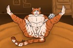 anthro bite biting_lip brown_body brown_fur cats_(movie) cats_(musical) female fur green_eyes hi_res humanoid_face jennyanydots orange_body orange_fur overweight overweight_female pteri_(artist) solo spread_legs spreading white_body white_fur