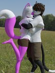 3:4 3d_(artwork) 5_toes anthro barefoot big_breasts black_body black_fur breasts brown_hair canid canine canis clothed clothing digital_media_(artwork) digitigrade domestic_cat duo feet felid feline felis female field fisk_(angry_cat) fur hair hi_res hug humanoid_feet littlefisky male male/female mammal pink_body pink_fur plantigrade shirt smile soles toes topwear white_body white_fur white_hair wolf yellow_eyes yuni_hermit