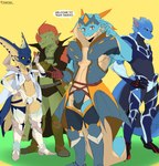 absurd_res anthro armor avian blue_body blue_scales canid canine canis capcom clothed clothing espinas flying_wyvern green_body green_scales group hi_res kingchan lagiacrus legiana leviathan_(mh) lunagaron male mammal monster_hunter scales scalie skimpy wolf