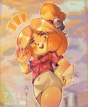 absurd_res accessory animal_crossing anthro blonde_hair breasts canid canine clothing cloud female hair hair_accessory hi_res isabelle_(animal_crossing) mammal nintendo onimiere open_mouth open_smile smile solo