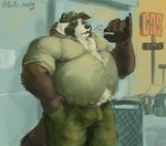 2024 anthro belly big_belly bottomwear breathing clothing gas_station hand_in_pocket hat headgear headwear hi_res male mammal musclegut muscular open_sign overweight pacific_coyote pants pockets procyonid raccoon shirt smoking solo topwear