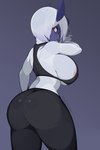 2:3 absol anthro areola areola_slip big_breasts big_butt biped blue_body blue_fur bombeebus bottomwear bra breasts butt clothed clothing female fur generation_3_pokemon hair hi_res looking_at_viewer looking_back mammal nintendo pants pink_areola pokemon pokemon_(species) rear_view red_eyes side_boob simple_background solo sports_bra underwear white_body white_fur yoga_pants