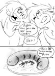 anthro ben_(jordo) clothing comic domestic_cat duo english_text felid feline felis food george_(jordo) hi_res human jordo_(artist) male mammal meat monochrome profanity sausage speech_bubble text