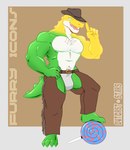 2024 alligator alligatorid anthro artist_name barazoku barefoot bedroom_eyes bent_leg biceps border brown_background bulge candy chaps clothed clothing cowboy_hat crocodilian dessert english_text feet food food_creature glitch_productions gummigoo_(tadc) gummy_(food) gummy_creature hat headgear headwear hi_res living_candy lollipop looking_at_viewer male muscular muscular_anthro muscular_male narrowed_eyes navel open_mouth open_smile outcast-stars pecs pinup pose reptile scales scalie seductive simple_background smile solo standing text the_amazing_digital_circus tongue topless topless_anthro topless_male underwear white_border