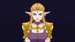 absurd_res blue_eyes bound breasts clothed clothing ear_piercing ear_ring female hi_res humanoid humanoid_pointy_ears hylian looking_at_viewer nintendo not_furry piercing princess_zelda ring_piercing roxyrex simple_background solo the_legend_of_zelda twilight_princess