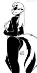 2022 anthro bedroom_eyes breasts butt clothing ear_piercing ear_ring female fur hair hi_res kelly_o'dor looking_at_viewer looking_back looking_back_at_viewer mammal mephitid monochrome narrowed_eyes piercing ring_piercing seductive side_boob skunk solo swimwear tegerio zandar's_saga