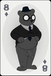 angus_delaney anthro balls barefoot bear belly big_penis black_tie_(suit) bottomless card card_template cardigan clothed clothing diamonds_(suit) digital_media_(artwork) eight_of_diamonds erection eyewear feet foreskin fur genitals glasses hat headgear headwear hi_res humanoid_genitalia humanoid_penis male mammal necktie neenya night_in_the_woods overweight overweight_anthro overweight_male penis playing_card playing_card_template porkpie_hat shirt simple_background solo standing suit suit_symbol topwear