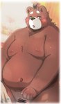 2021 anthro bear belly big_belly blush brown_body brown_fur censored flaccid fur genitals humanoid_hands kemono male mammal menmen_kesinn moobs navel nipples overweight overweight_male penis small_penis solo towel