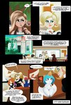 blonde_hair bottomwear clothing comic eerie_(thekite) english_text female fountain generation_3_pokemon hair hi_res human larger_female lou_(thekite) mammal nintendo not_furry pants pokemon pokemon_(species) ralts roselia shiny_pokemon shirt size_difference text thekite topwear