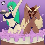 1:1 absurd_res anthro blue_clothing blue_underwear brown_body brown_fur cake clothing crotch_tape dessert duo female food fthesalt fur generation_4_pokemon green_hair hair hi_res human lingerie lopunny mammal nintendo pasties pokemon pokemon_(species) pop_out_cake rhode_arts stripper underwear yellow_body yellow_fur