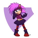 1:1 anthro boots bottomwear breasts clothed clothing clothing_lift eulipotyphlan female flashing flashing_breasts footwear gloves hair handwear hedgehog hi_res innotsu legwear mammal nipples pink_hair purple_body sega shirt shirt_lift shoes skirt solo sonia_the_hedgehog sonic_the_hedgehog_(series) sonic_underground thin_calves thin_legs thin_thighs tongue tongue_out topwear