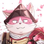 1:1 anthro armor blush bungo_(tamacolle) cherry_blossom domestic_cat felid feline felis flower fur headgear helmet hi_res japanese_text kemonuo looking_at_viewer male mammal overweight overweight_male pink_body pink_fur plant prunus_(flower) snaggletooth_(disambiguation) solo tamacolle text