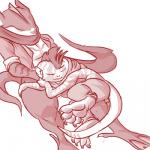 1:1 amphibian anthro anthrofied beelzemon_(artist) cuddling duo eyes_closed gael_the_scrafty generation_5_pokemon generation_6_pokemon greninja low_res luce_the_greninja male mohawk monochrome nintendo pokemon pokemon_(species) pokemorph scrafty sleeping