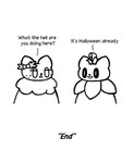 ambiguous_gender black_and_white chest_tuft comic comic_panel dialogue domestic_cat duo english_text felid feline felis female feral for_a_head freckles halloween hi_res holidays junipurr mammal minigoat monochrome object_head pumkat pumkin pumpkin_head text tuft