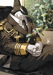 absurd_res bottomwear cetacean clothed clothing dera_kimidori digital_drawing_(artwork) digital_media_(artwork) dolphin fin hi_res inside mammal marine military_uniform necktie oceanic_dolphin orca pants sitting solo toothed_whale uniform