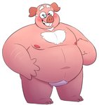 2020 anthro belly blush domestic_pig eyes_closed eyewear glasses leothelionel male mammal moobs nipples overweight overweight_anthro overweight_male pink_body pubes ron_chicha simple_background solo suid suina sus_(pig) the_human_heart_(game)