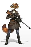 2023 absurd_res anthro anti-materiel_rifle anti_material_rifle belt boots bottomwear canid canine clothing coat collar dipstick_ears dipstick_tail ear_markings eyebrows eyelashes eyewear eyewear_on_head fallout female footwear fox fur gloves goggles goggles_on_head green_eyes gun hair handwear hi_res holding_gun holding_object holding_ranged_weapon holding_weapon mammal markings microsoft multicolored_ears orange_body orange_fur pants pgm300 pgm_hecate_ii ponytail ranged_weapon rifle scope shoes short_hair simple_background solo standing tail tail_markings topwear weapon white_background white_body