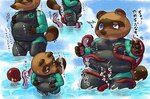 2024 absurd_res animal_crossing anthro belly blue_eyes blush bodily_fluids brown_body bulge canid canine cum detailed_bulge eyes_closed genital_fluids genital_outline handjob hi_res japanese_text kemono male mammal nintendo outside overweight overweight_male penile penis_outline raccoon_dog sakusan_kc sex solo tanuki tentacles text tom_nook_(animal_crossing) water wetsuit