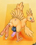 4:5 animal_genitalia animal_penis anus avian avian_butt avian_feet balls bird black_balls blue_eyes bodily_fluids butt chocobo equine_genitalia equine_penis feathered_wings feathers feet feral final_fantasy genital_fluids genitals head_feathers hi_res male penis pink_penis precum presenting presenting_balls presenting_hindquarters presenting_penis running sheath simple_background square_enix talons toes vulpinepanther wings yellow_body