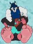 5_toes abs ankle_tuft anthro arm_tuft axel_(lazydergenboi) belly blush bulge canid canine canis chippybooru clothing dragon duo feet felid foot_fetish foot_focus foot_on_face foot_play hi_res humanoid_feet hybrid leg_tuft lion male male/male mammal mythological_creature mythological_scalie mythology nipple_piercing nipples pantherine piercing plantigrade sargif scalie slightly_chubby soles toes tuft underwear wolf wrist_tuft