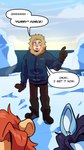 2019 anthro biped blue_eyes blush canid canid_taur canine canine_taur canis clothing coat collegehumor comic dialogue english_text felid furry_force gary_(furry_force) glacier group handwear hi_res hoodie human ice komoroshi_(artist) leon_(furry_force) lion male mammal mammal_taur mittens pantherine parka quotation_marks realization solo_focus speech_bubble taur text topwear water wilson_(furry_force) wolf wolf_taur