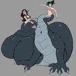 1:1 2022 black_body black_scales breasts claws conjoined duo ear_fins european_mythology female fin greek_mythology green_bikini_top grey_background hydra implied_transformation long_neck_taur multi_body multi_head multi_upper_body mythology pink_bikini_top scales scalie scalie_taur sepisnake simple_background small_upper_body surprise taur