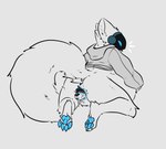 abdominal_bulge agender almost_fully_inside ambiguous_gender anal anal_vore anthro anus belly belly_on_ground big_belly big_tail blue_eyes blue_insides blue_pawpads bottomless buddy_(gurglegluts) canid canine canis clothed clothing curvy_figure domestic_dog duo feet_first fluffy fluffy_tail gurglegluts hoodie hoodie_only jay_(gurglegluts) living_buttplug living_insertion living_toy machine male mammal mixed_breed neck_tuft pawpads protogen shepsky tail topwear topwear_only tuft voluptuous vore