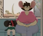 absurd_res anthro big_breasts black_body breasts cleavage clothed clothing duo female hi_res huge_breasts koala larger_female male mammal marsupial mouse murid murine rodent size_difference smaller_male thick_thighs vombatiform wit_1 yellow_body