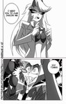 alastor_(hazbin_hotel) blush bra charlie_morningstar clothing comic deer demon dialogue duo english_text female hazbin_hotel hi_res horn katorishimatsu male mammal monochrome sharp_teeth surprised_expression teeth text underwear undressing