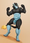 4_toes 5_fingers abs anthro anthrofied balls barazoku black_body black_claws black_fur black_pawpads blue_body blue_fur cheek_tuft chin_tuft claws digitigrade dutch_angle ears_back facial_tuft feet finger_claws fingers fist flaccid flexing flexing_bicep flexing_both_biceps foreskin fur furryratchet generation_4_pokemon genitals head_tuft hi_res humanoid_genitalia humanoid_penis low-angle_view luxray male mane markings multicolored_body multicolored_fur muscular muscular_anthro muscular_male neck_tuft nintendo nude pawpads paws pecs penis pink_nose pivoted_ears pokemon pokemon_(species) pokemorph red_sclera shaded simple_background smile solo standing tail tail_tuft teeth toe_claws toes toothy_smile tuft two_tone_body two_tone_fur yarxul yellow_eyes yellow_markings yellow_tail_tuft