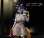 absurd_res anthro belt big_breasts blue_hair breasts canid canine carmelita_fox clothed clothed_anthro clothing coat english_text female fox gloves gun hair handwear hi_res legwear lingerie mammal night ranged_weapon sly_cooper_(series) solo sony_corporation sony_interactive_entertainment stockings street sucker_punch_productions sunstripe tail text topwear weapon