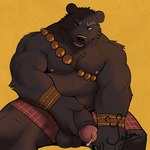 1:1 anthro balls bear black_bear_guai black_body black_myth:_wukong bodily_fluids bottomwear clothing dripping flaccid foreskin front_view genital_fluids genitals hi_res holding_own_penis humanoid_genitalia humanoid_penis loincloth male mammal musclegut muscular navel open_mouth open_smile penis precum precum_drip retracted_foreskin signature simple_background sitting smile solo wristband yetsu