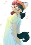 2019 accessory adolescent anthro aruurara bangs black_nose black_tail bra_strap brown_ears brown_hair canid canine clothing dress eyewear female flower flower_in_hair flower_wreath fur furgonomics glasses green_eyes hair hair_accessory hands_behind_back head_turned hi_res interlocked_fingers kemono looking_at_viewer mammal meme_(aruurara) petals pigtails plant side_view solo tail tail_through_skirt tan_body tan_fur young young_female