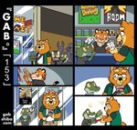 age_difference alligator alligatorid animal_crossing anthro canid canine canis chow_chow clothed clothing comic confusion crocodilian dialogue domestic_dog doom_(series) duo eye_contact eyewear felid fur gab_(comic) gabshiba glasses id_software looking_at_another male mammal microsoft nintendo orange_body orange_fur pantherine parody pictographics question_mark reptile scalie shopping spitz store tiger wang_chow young