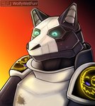 armor bust_portrait canid canine dracoloup_co glowing glowing_eyes greypolf mammal portrait science_fiction solo wolfywetfurr_(artist)