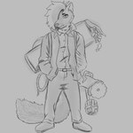 1:1 ambiguous_gender anthro belt canid canine clothing dress_shirt duffel_bag fluffy fluffy_tail footwear fox hi_res improvised_explosive_device mammal money monochrome nonbinary_(lore) power_tool rope saw shirt shoes sneakers solo sono_nakahara_(templar_ponyboy) tail templar_ponyboy tools topwear