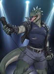 anthro bodily_fluids david_morston dinosaur electronics hi_res male microphone prehistoric_species reptile rocco_(tallion) rocking_out saliva scalie sharp_teeth solo spikes spikes_(anatomy) tail teeth theropod tongue tongue_out tyrannosaurid tyrannosauroid tyrannosaurus tyrannosaurus_rex