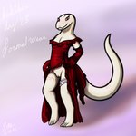 1:1 2022 4_toes 5_fingers absurd_res accessory albino anthro arm_tattoo armwear big_tail blush body_blush cel_shading clothed clothing clothing_aside clothing_lift crusch_lulu cute_fangs dated digital_drawing_(artwork) digital_media_(artwork) digitigrade dress dress_aside dress_lift elbow_gloves english_text evening_gloves evening_gown eyelashes fancy_clothing feet female fingers flat_chested formal formal_dress formal_wear front_view garter genitals gloves hand_on_hip handwear hi_res humanoid_hands innie_pussy kinktober krita_(artwork) leg_tattoo lizard lizardman lizardman_(overlord) long_tail looking_at_viewer neck_tattoo no_underwear orange_tattoo overlord_(series) partially_clothed pupils purple_background pussy pussy_blush red_armwear red_clothing red_dress red_elbow_gloves red_eyes red_gloves red_handwear reptile ruffled_dress scales scalie shaded shadow signature simple_background slit_dress slit_pupils smile smiling_at_viewer snout solo spe strapless_clothing strapless_dress tail tail_tattoo tapering_tail tattoo text thick_tail thick_thighs thigh_tattoo toes tribal tribal_tattoo white_body white_garter white_pussy white_scales wide_hips