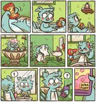 anthro avian bathing beak biped bird birdbath comic dryer english_text exclamation_point eyebrows female hair_dryer holding_object hoppscotch mirror multiple_scenes musical_note musical_symbol poppy_(hoppscotch) question_mark solo symbol text towel water young young_anthro young_female z-t00n