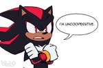 2020 anthro black_body clothing crossed_arms dialogue english_text eulipotyphlan gloves handwear hedgehog hi_res male mammal open_mouth red_eyes sega shadow_the_hedgehog signature simple_background solo sonic_the_hedgehog_(series) speech_bubble text tuft violetmadness7