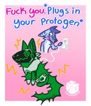 anthro blue_body blue_fur canid canine charging charging_battery charging_cable comic duo electricity fox fur green_body green_fur hi_res humor luckfoxo33 machine mammal meme plug plug_insertion protogen protogen_armor protogen_face protogen_visor shitpost silly silly_face text tolng wall_(structure)